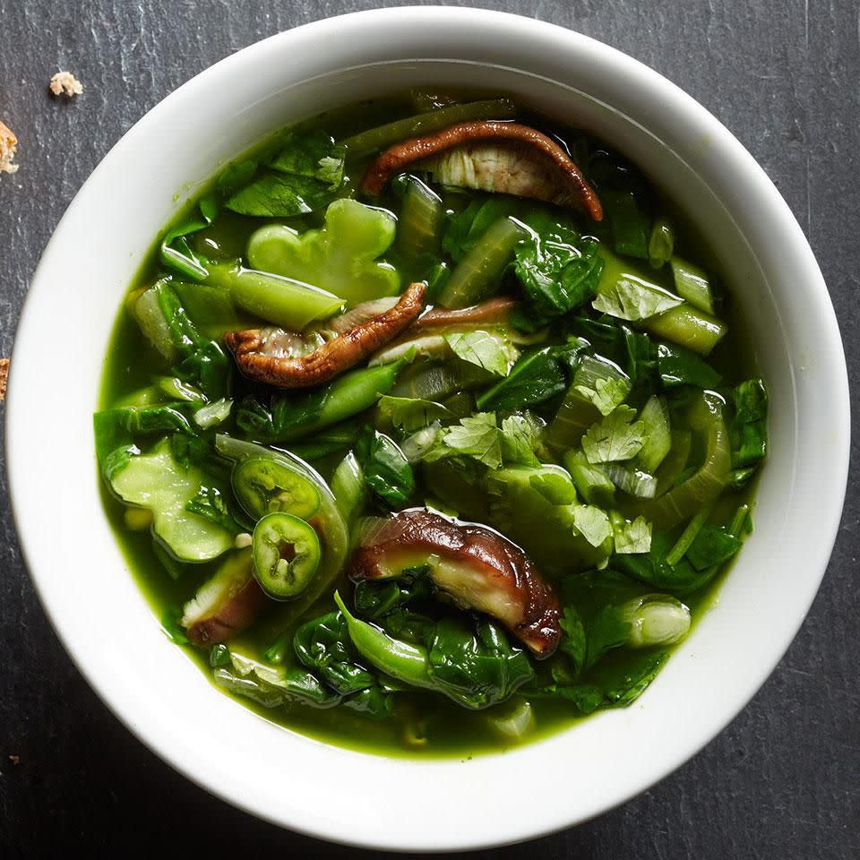 <p>This aromatic green curry soup is packed with spinach, mushrooms, green beans and broccoli stems (save the florets for another night). Green curry paste gives this soup a delicately spicy broth. The vegetables are cooked just enough to be tender, but retain their freshness and distinct textures. <a href="https://www.eatingwell.com/recipe/250334/green-curry-soup/" rel="nofollow noopener" target="_blank" data-ylk="slk:View Recipe" class="link rapid-noclick-resp">View Recipe</a></p> 
