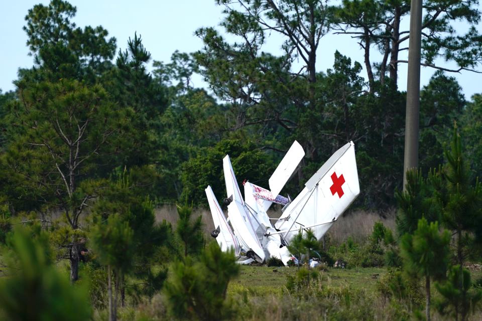 Wreckage from a small plane crash can be seen near State Road 11 and Eidson Drive on Thursday, May 2, 2024. The pilot, an unidentified 72-year-old man, was airlifted from the scene. His condition is unknown.