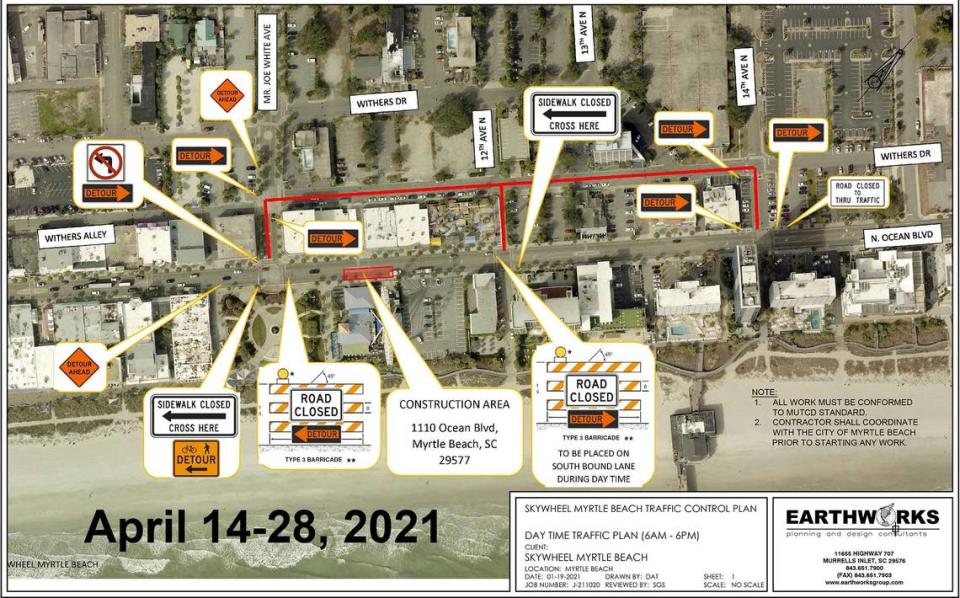 Myrtle Beach will see road closures on parts of Ocean Boulevard and connecting streets during the SkyWheel’s reinstallation from April 14 to April 28.