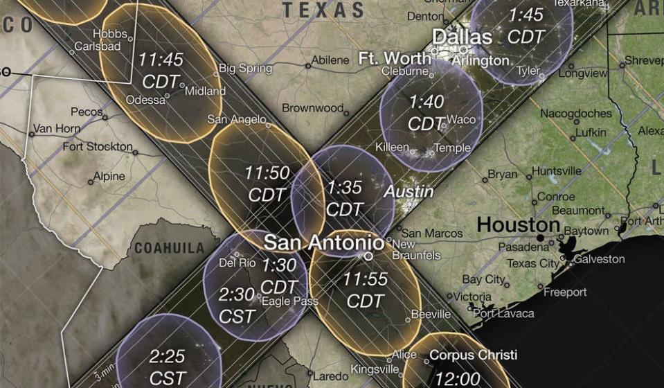 An area of Texas near San Antonio, where the two eclipse paths cross, will experience both the annular eclipse in 2023 and the total eclipse in 2024. Provided by NASA/Scientific Visualization Studio/Michala Garrison; eclipse calculations by Ernie Wright, NASA Goddard Space Flight Center