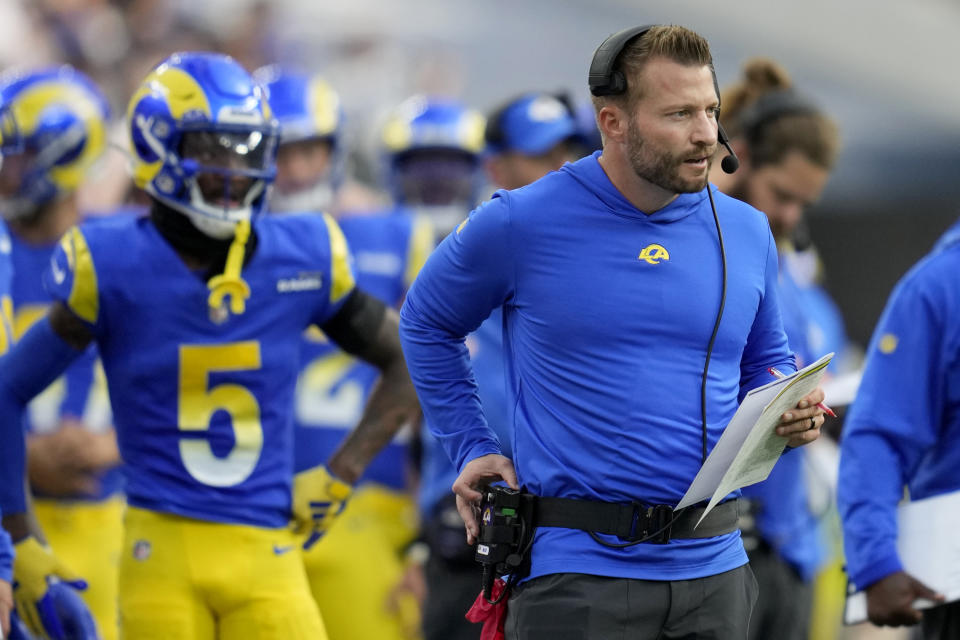 Los Angeles Rams head coach Sean McVay watches from the sideline during the second half of an NFL football game against the Arizona Cardinals Sunday, Oct. 15, 2023, in Inglewood, Calif. (AP Photo/Ashley Landis)