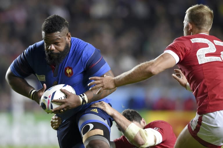 French centre Mathieu Bastareaud (L) during the Rugby World Cup Pool D match against Canada at Stadium MK on October 1, 2015