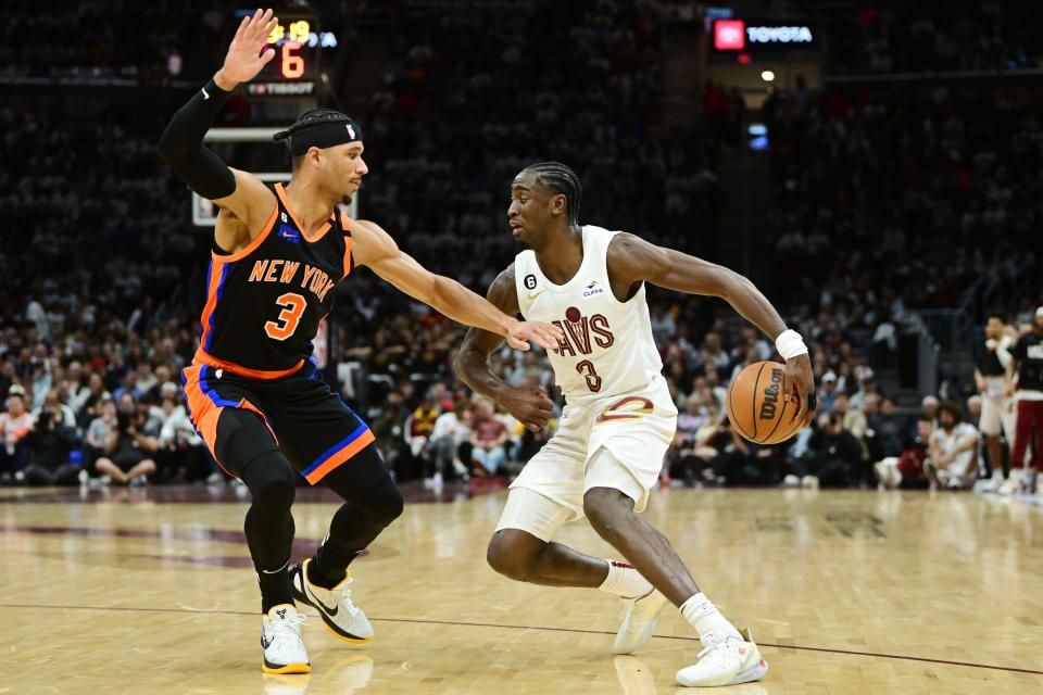 Apr 18, 2023; Cleveland, Ohio, USA; New York Knicks guard Josh Hart (3) defends Cleveland Cavaliers guard Caris LeVert (3) during the second half of game two of the 2023 NBA playoffs at Rocket Mortgage FieldHouse. Mandatory Credit: Ken Blaze-USA TODAY Sports