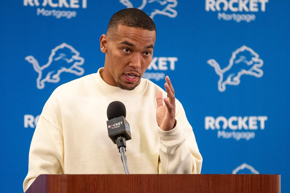 Lions wide receiver Amon-Ra St. Brown speaks at a press conference at Detroit Lions headquarters and training facility in Allen Park on Friday, April 26, 2024.