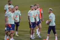 Brazilian players attend a training session at the Grand Hamad stadium in Doha, Qatar, Tuesday, Nov. 29, 2022. Brazil will face Cameroon in a group G World Cup soccer match on Dec. 2. (AP Photo/Andre Penner)