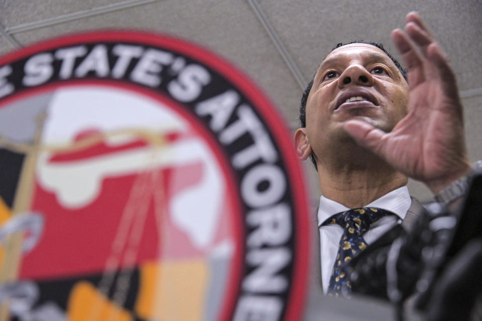 Ivan Bates, Baltimore City State's Attorney announces separate indictments on two different officers with Baltimore Police Thursday May 4, 2023. Two Baltimore police officers were indicted this week in separate cases, including an 11-year department veteran accused of selling drugs on the clock — allegations that come as the agency seeks to rebuild its reputation after the Gun Trace Task Force corruption scandal ruptured public trust.(Karl Merton Ferron/The Baltimore Sun via AP)