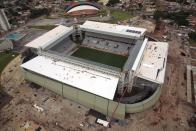 An aerial view of the construction of the Arena Pantanal soccer stadium, which will host several matches of the 2014 World Cup, in Cuiaba, February 10, 2014. Picture taken February 10, 2014. REUTERS/Stringer (BRAZIL - Tags: SPORT SOCCER WORLD CUP)