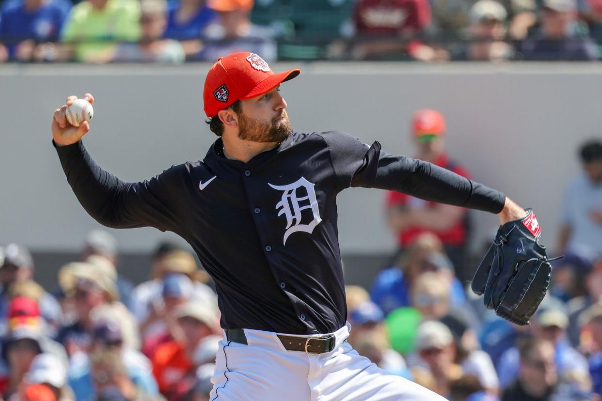 Detroit Tigers starting pitcher Casey Mize pitches during the first inning against the Toronto Blue Jays at Publix Field at Joker Marchant Stadium on Tuesday, Feb. 27, 2024, in Lakeland, Florida.