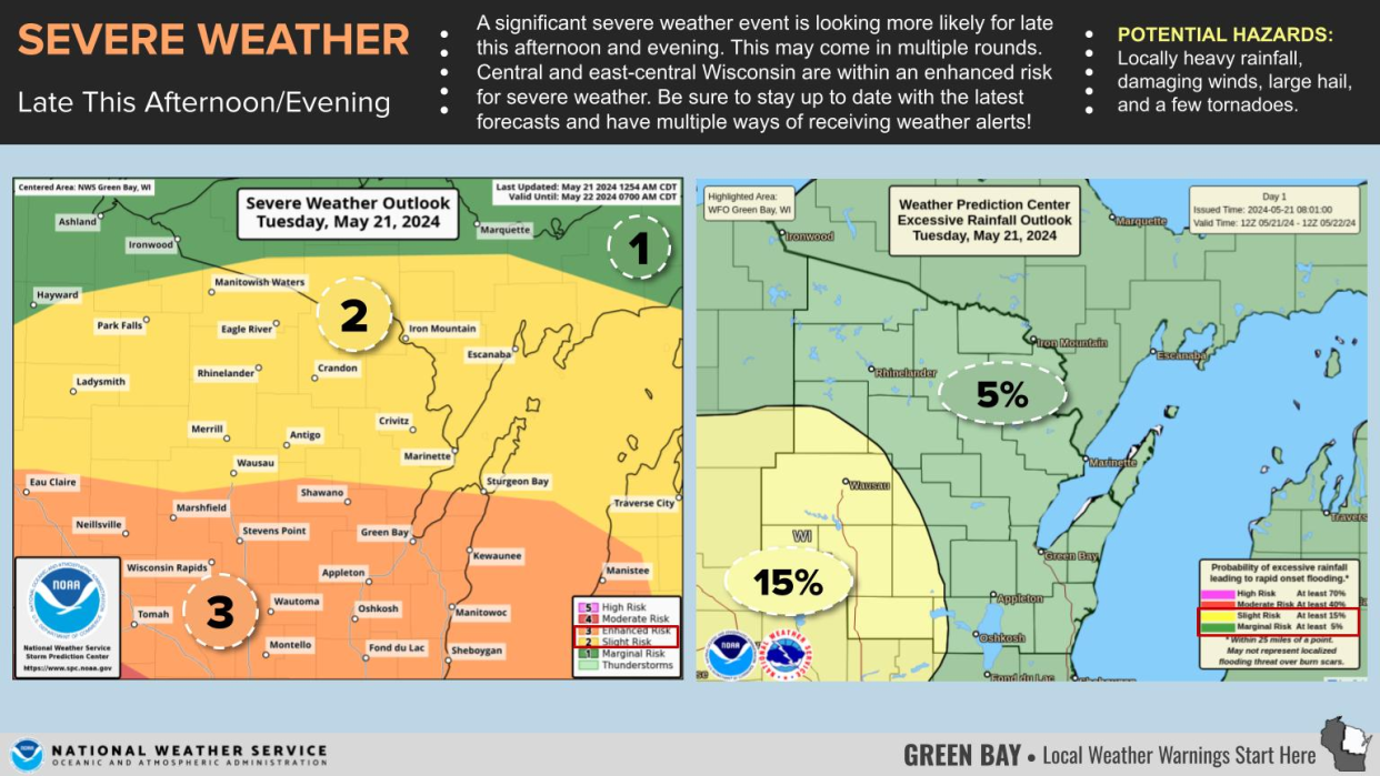 This map, shared May 21, 2022, shows the risk of severe weather across Wisconsin.