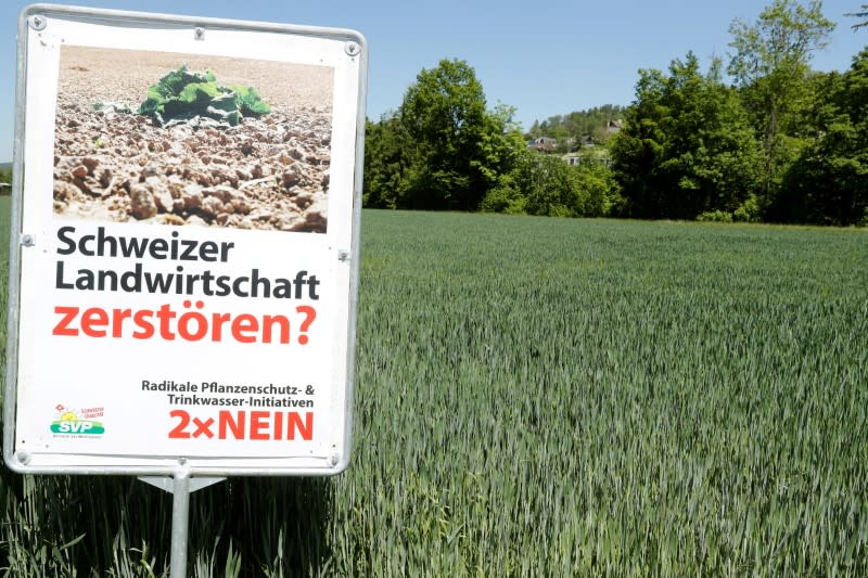 FILE PHOTO: A poster is placed in front of a field near Aesch