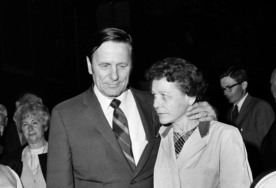 Joseph and Gwen Kopechne, parents of Mary Jo Kopechne, leave the Luzerne County Courthouse in Wilkes-Barre, Pa., Oct. 21, 1969, after the hearings ended on a petition to exhume the body of their daughter, who died in Sen. Edward Kennedy’s car. (Photo: Paul Vathis/AP)