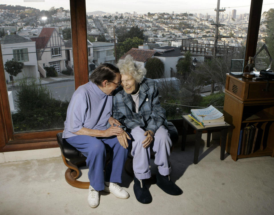 In this March 3, 2008, file photo, Phyllis Lyon, left, and Del Martin are photographed at home in San Francisco. The hilltop cottage of the couple that became the first same-sex partners to legally marry in San Francisco has become a city landmark. The San Francisco Board of Supervisors voted unanimously Tuesday, May 4, 2021, to give the 651 Duncan St. home of the lesbian activists landmark status. The home in the Noe Valley neighborhood is expected to become the first lesbian landmark in the western United States, the San Francisco Chronicle reported. / Credit: Marcio Jose Sanchez / AP