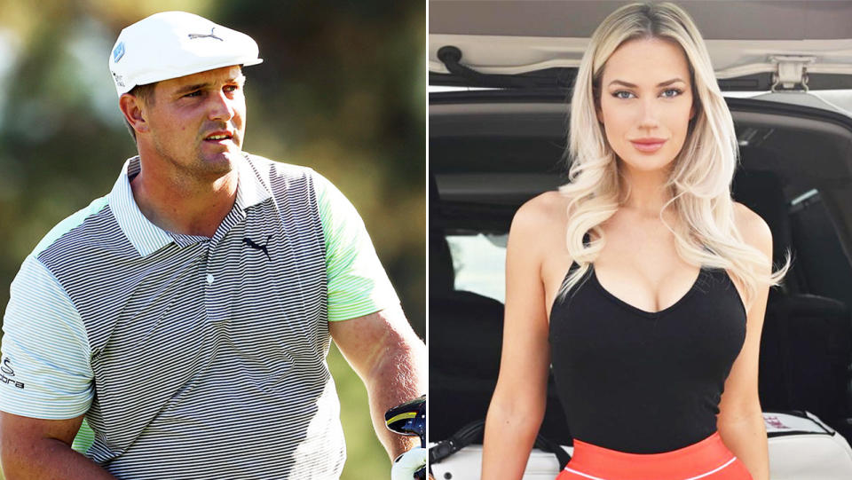 Instagram sensation Paige Spiranac (pictured right) taking a photo and golfer Bryson DeChambeau (pictured left) looking on after hitting a drive.