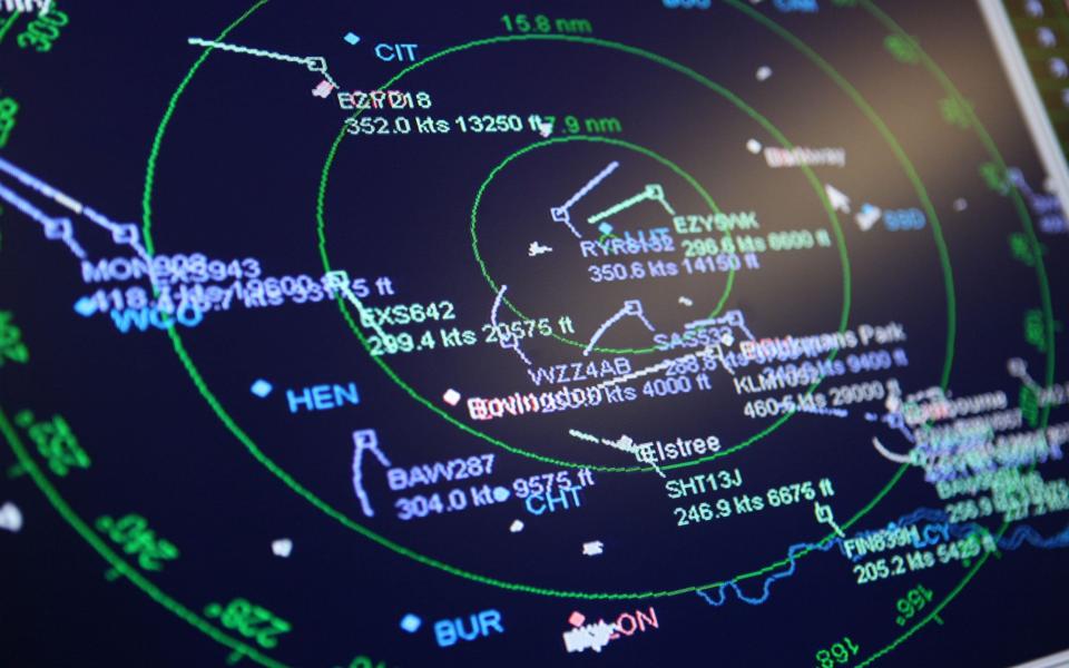 Air traffic control radar screen of aircraft flying over Luton airport