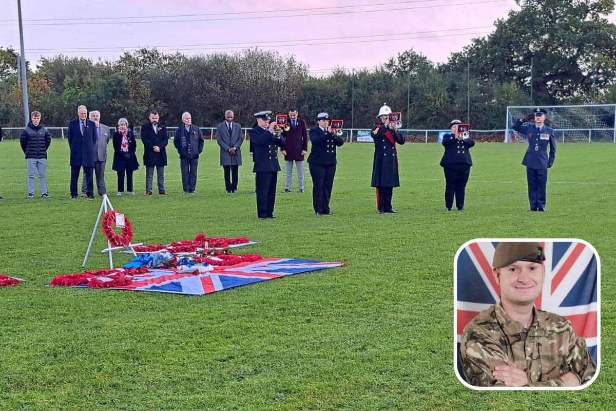 The playing of the Last Post at last year's Remembrance Match at Oxhey Jets in memory of Pte Tom Lake <i>(Image: Watford Observer/Oxhey Jets FC)</i>