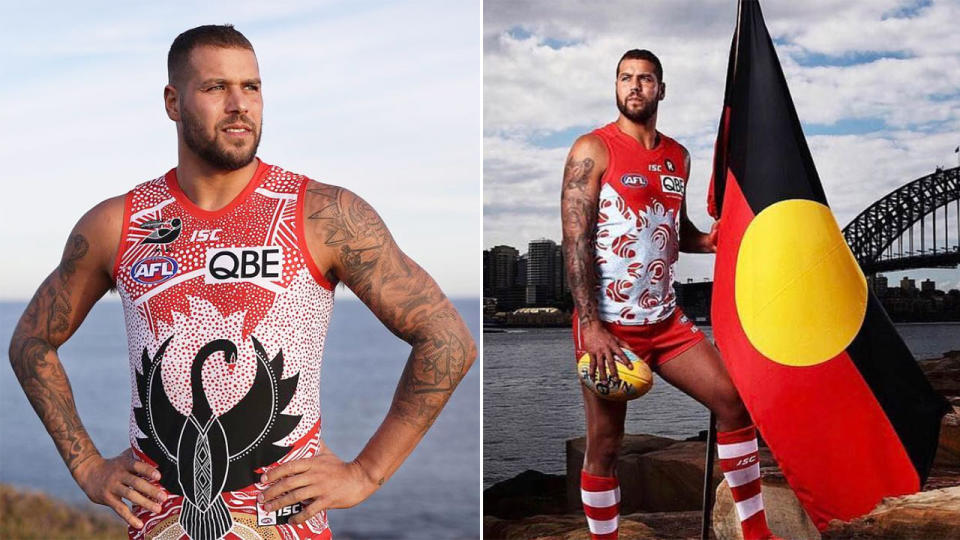 Pictured here, Swans star Buddy Franklin wears an Indigenous guernsey and poses with the Aboriginal flag.
