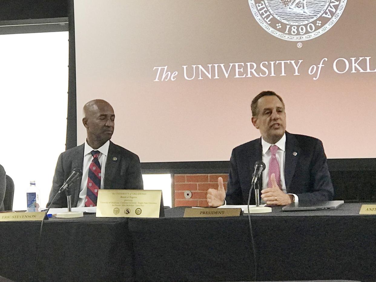 Board Chair Eric Stevenson, left, and OU President Joseph Harroz attend the OU Board of Regents meeting Friday in Ardmore.