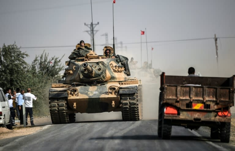 A Turkish tank heads towards the Syria border as Turkey launched operation "Euphrates Shield" aimed at ridding the area of Islamic State (IS) extremists