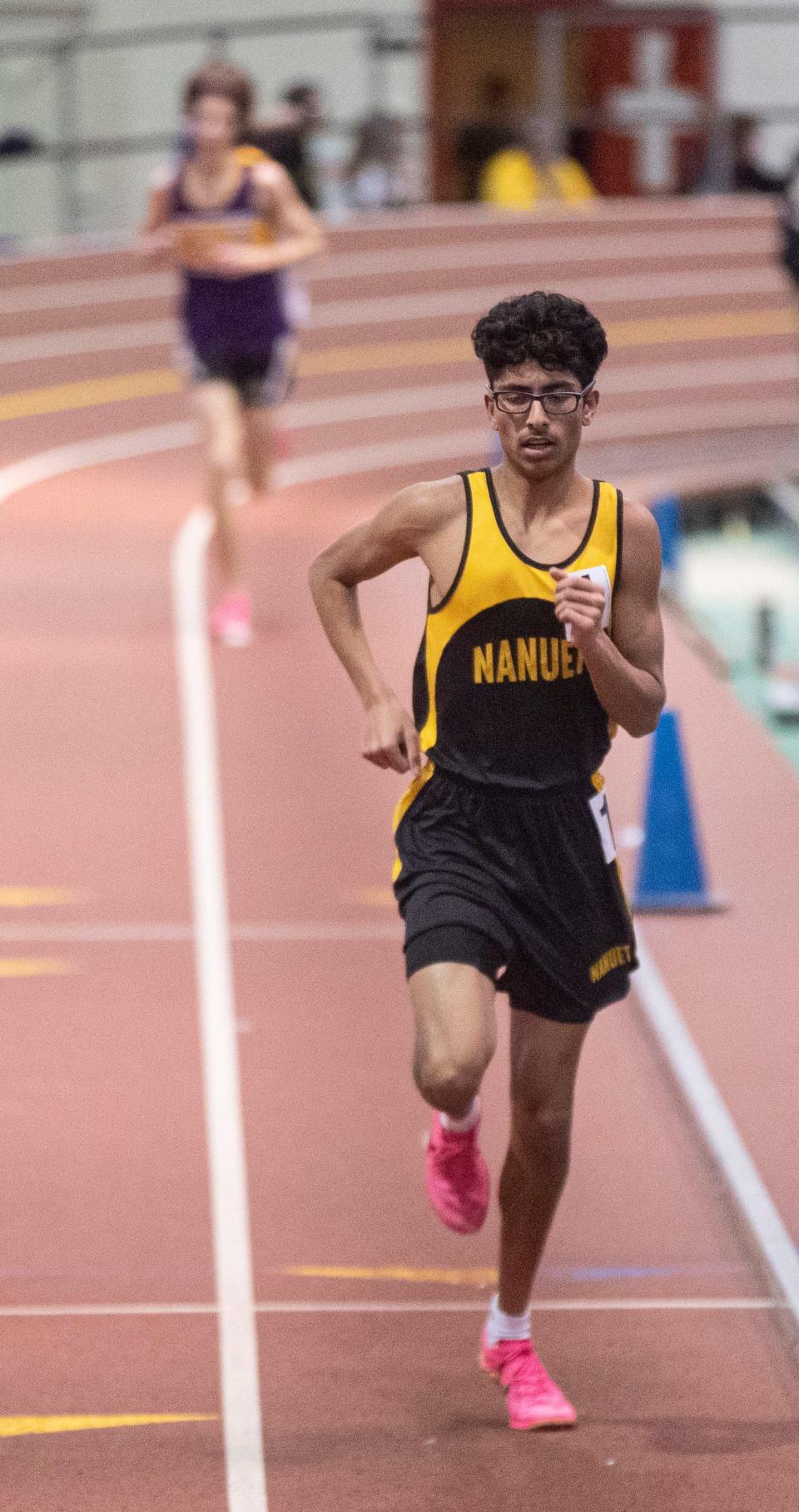Shane Ethakkan won the 3200 meter race during the Section 1 Class B track and field championships at The Armory in Manhattan Feb. 4, 2024.
