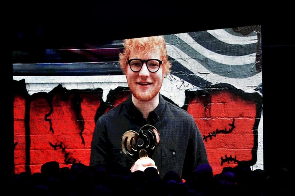 Ed Sheeran accepts Song of the Year for 'Shape of You' via video feed during the 2018 iHeartRadio Music Awards (Getty Images for iHeartMedia)