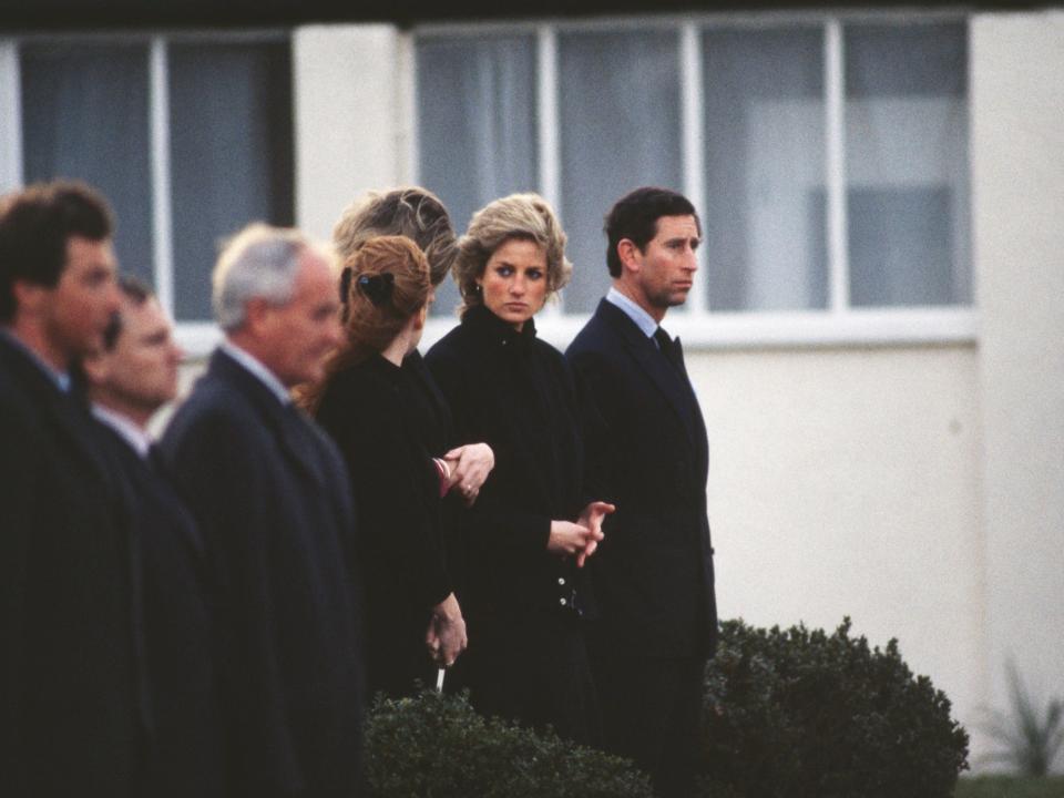 Princess Diana, Prince Charles, Sarah Ferguson, Sarah Lindsay at Major Hugh Lindsay's funeral