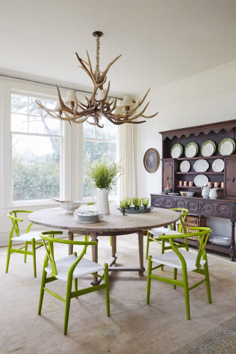 dining room with lime green chairs
