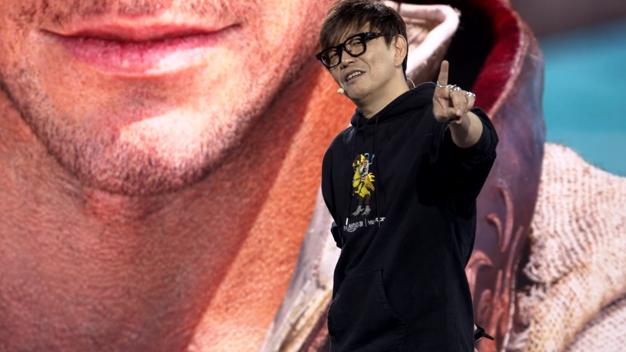  An image of game director Naoki Yoshida holding up a single finger to the fans, informing them he'll give them exactly one week to finish the Elden Ring DLC before Dawntrail arrives. 