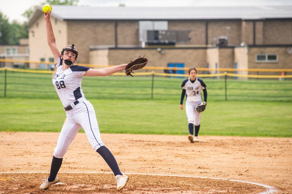 John Jay's Nicole Barosa pitches during the Section 1 softball game at John Jay High School in Hopewell Junction, NY on Thursday, May 19, 2022. John Jay defeated Fox Lane. KELLY MARSH/FOR THE POUGHKEEPSIE JOURNAL 