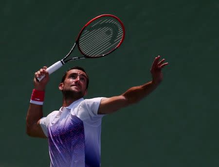 Sep 2, 2015; New York, NY, USA; Marin Cilic of Croatia serves to Evgeny Donskoy of Russia on day three of the 2015 U.S. Open tennis tournament at USTA Billie Jean King National Tennis Center. Mandatory Credit: Jerry Lai-USA TODAY Sports