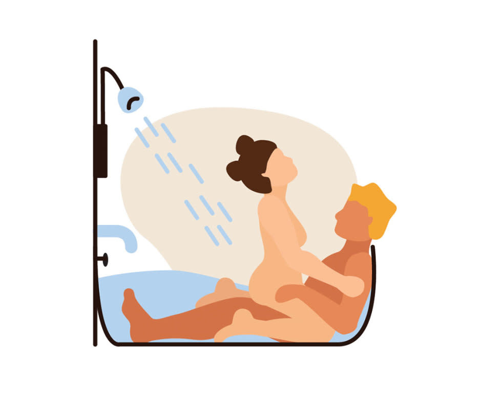 <p>Katie Buckleitner</p>Why It Works<p>This takes any potential clumsiness out of shower sex positions, but does require a specific tub circumference. You need a wide tub that's spacious enough for the vulva-owner to straddle the penetrative partner.</p>How to Do It<p>The penetrative partner lies down in the bathtub with their back against the end of the tub. The vulva-owner straddles them and guides the penis or strap-on for ease of entry. The partner on top can grip the edges of the tub or their partner's shoulders for support as they grind and gyrate, just like Cowgirl. </p>Pro Tip<p>Fill the tub up a bit so the motion of the grinding and thrusting splashes the water for added stimulation. You can also position the shower head to stream down on you both. Like the other shower sex positions, use a silicone-based lube, and invest in a bathtub cushion like <a href="https://clicks.trx-hub.com/xid/arena_0b263_mensjournal?q=https%3A%2F%2Fwww.amazon.com%2FAEROiVi-Bathtub-Cushion-Bathroom-Accessories%2Fdp%2FB086PNZ5JF%3Fth%3D1%26linkCode%3Dll1%26tag%3Dmj-yahoo-0001-20%26linkId%3D09c441aaabdf8333929021e8cdee56b1%26language%3Den_US%26ref_%3Das_li_ss_tl&event_type=click&p=https%3A%2F%2Fwww.mensjournal.com%2Fhealth-fitness%2Fbest-sex-positions-fun-different%3Fpartner%3Dyahoo&author=Men's%20Journal&item_id=ci02c9df3fc0002582&page_type=Article%20Page&partner=yahoo&section=Sensitive&site_id=cs02b334a3f0002583" rel="nofollow noopener" target="_blank" data-ylk="slk:AEROiVi Full Body Bath Pillow;elm:context_link;itc:0;sec:content-canvas" class="link ">AEROiVi Full Body Bath Pillow</a>. This will ensure the straddling partner's knees don't get fatigued from the hard tub and the penetrative partner's head is supported by a pillow. There's an additional lumbar pillow that can be placed at the end of the tub so the penetrative partner can place their feet against for added leverage if the tub is extra-long.</p>