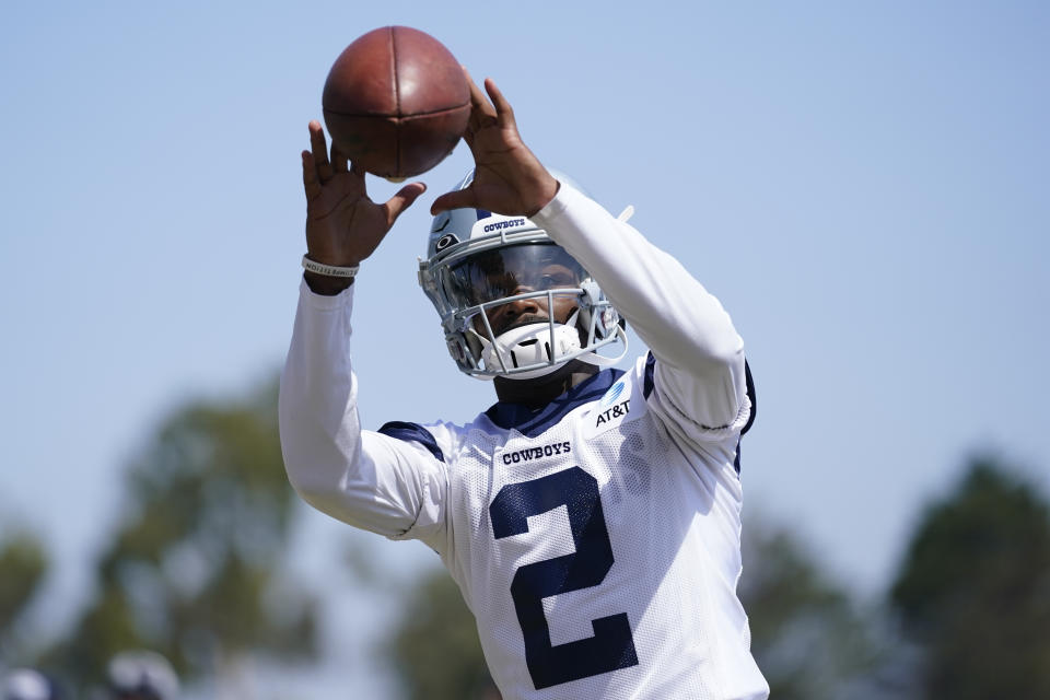 Dallas Cowboys wide receiver KeVontae Turpin (2) participates in drills at the NFL football team's practice facility in Oxnard, Calif. Wednesday, Aug. 3, 2022. (AP Photo/Ashley Landis)