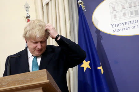 British Foreign Secretary Boris Johnson gestures during a joint press conference with Greek Foreign Minister Nikos Kotzias (not pictured) following their meeting at the Foreign Ministry in Athens, Greece, April 6, 2017. REUTERS/Alkis Konstantinidis