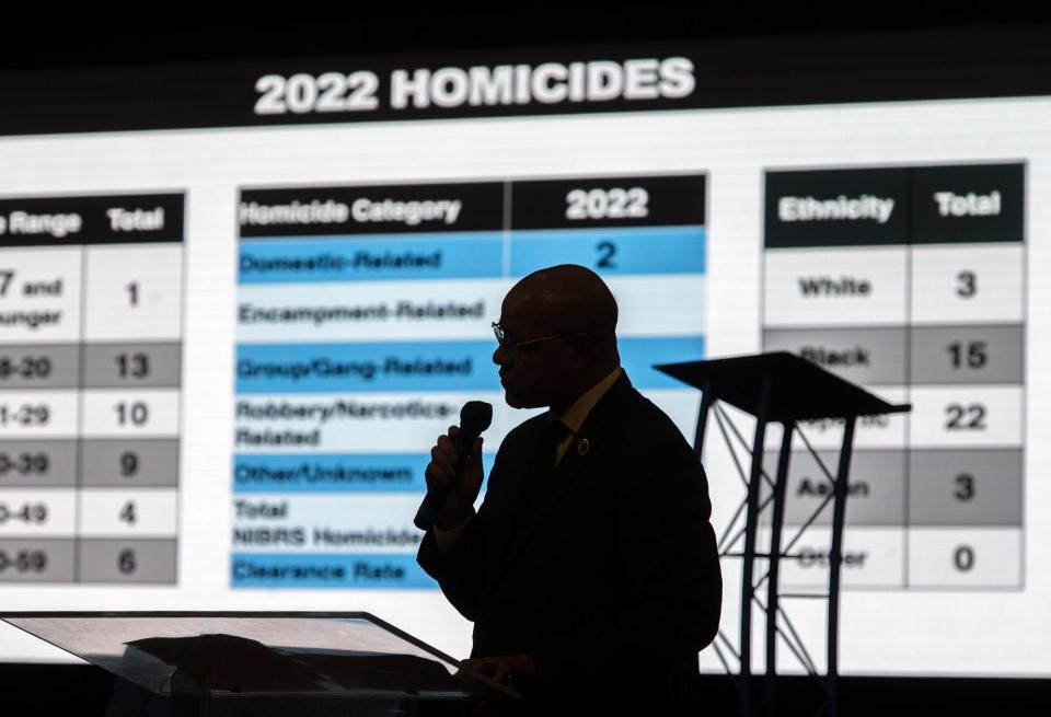 Stockton City Manager Harry Black presents crime statistics during a public safety town hall meeting at the Faith in the Valley Church in Stockton on Wednesday, Sept. 5, 2022.  