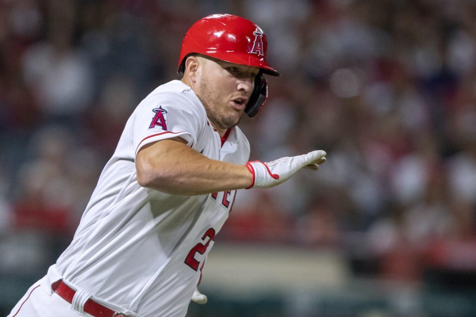 Th Angels' Mike Trout runs the bases on his fifth-inning double Sept. 30, 2022.