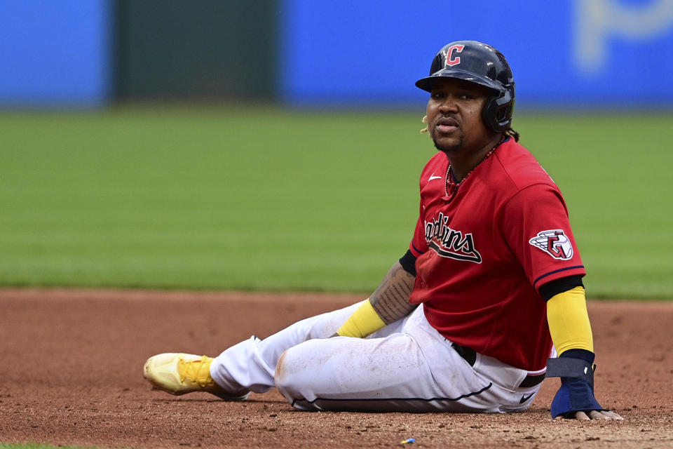 Cleveland Guardians' Jose Ramirez reacts after being picked off at second base during the fourth inning of the team's baseball game against the Los Angeles Angels, Saturday, May 13, 2023, in Cleveland. (AP Photo/David Dermer)