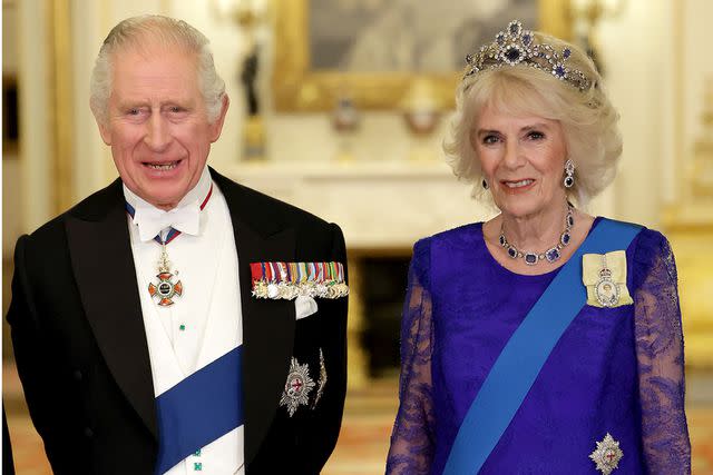 <p>Chris Jackson/Getty Images</p> King Charles and Queen Camilla during a State Banquet at Buckingham Palace in November 2022