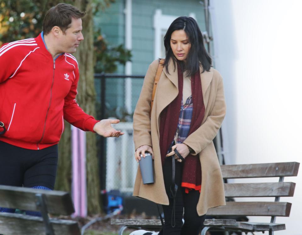 Olivia Munn and William Wilder Striegel, a registered sex offender, in a now-deleted scene taken on the set of <em>The Predator</em>. (Photo: Backgrid)