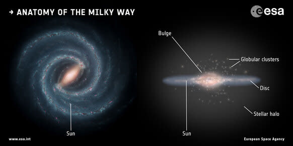 The structure of the Milky Way: A flattened disk with spiral arms (seen face-on, left, and edge-on, right), with a central bulge, a halo, and more than 150 globular clusters. The location of the Sun about halfway out is indicated.