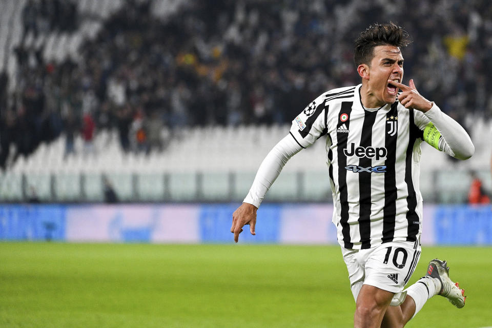 Juventus' Paulo Dybala celebrates after scoring a goal, during the Champions League, group H soccer match between Juventus and Zenit St. Petersburg, at the Allianz stadium in Turin, Italy, Tuesday, Nov. 2, 2021. (Marco Alpozzi//LaPresse via AP)