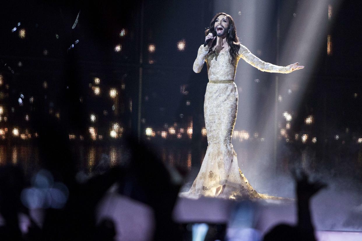 Conchita Wurst representing Austria performs 'Rise Like a Phoenix' during the second semi-final of the Eurovision Song Contest 2014 in Copenhagen, Denmark, on May 8, 2014. The grand final will take place on May 10, 2104. AFP PHOTO / SCANPIX DENMARK / NIKOLAI LINARES +++ DENMARK OUT +++        (Photo credit should read Nikolai Linares/AFP via Getty Images)