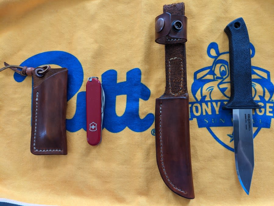Custom leather products for a Victorinox Recruit and Cold Steel Peacemaker III. Photos by Dave Burge/KTSM