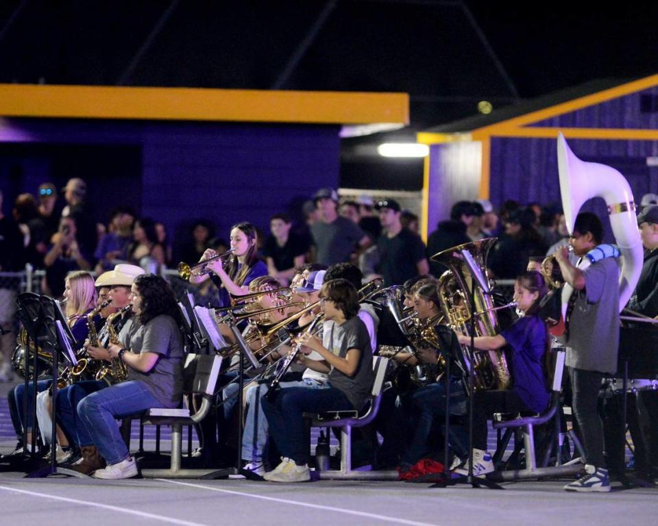 The Escalon High School band plays between plays during a game between Escalon High School and Ripon High School in Escalon, California on October 20, 2023. 