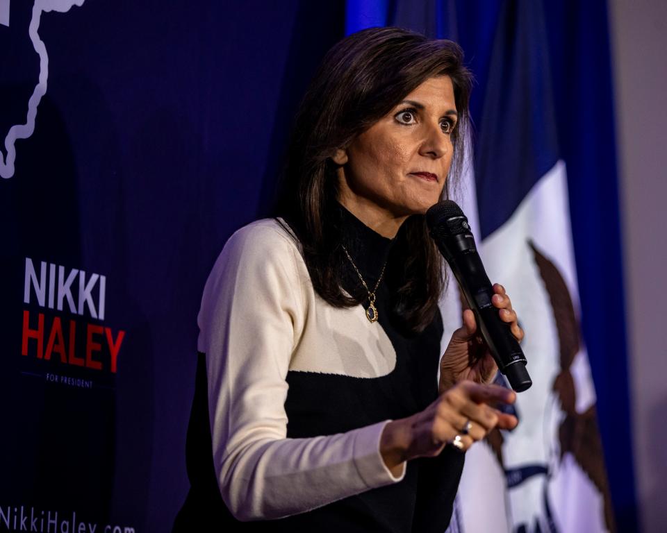 Republican presidential candidate former U.N. Ambassador Nikki Haley speaks during a campaign event at the Lawrence Community Center in Anamosa, Iowa, on Thursday, Dec. 21, 2023.