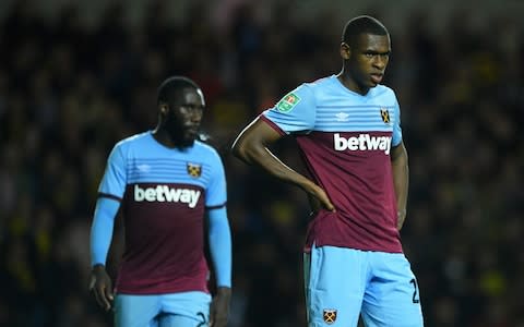 Issa Diop of West Ham United(R) reacts during the Carabao Cup Third Round match between Oxford United and West Ham United at the Kassam Stadium on September 25, 2019 in Oxford, England - Credit: Getty Images