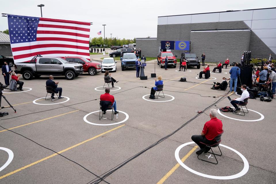 Democratic presidential candidate former Vice President Joe Biden speaks during a campaign event on manufacturing American products at UAW Region 1 headquarters in Warren, Mich., Wednesday, Sept. 9, 2020. (AP Photo/Patrick Semansky)