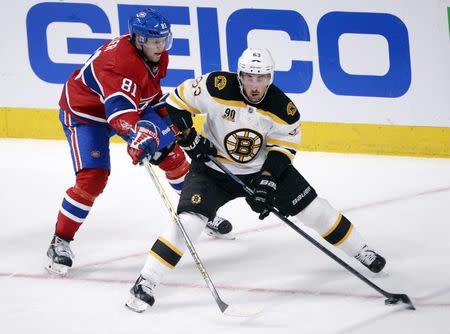 Boston Bruins forward Brad Marchand (63) plays the puck as Montreal Canadiens forward Lars Eller (81) defends during the third period in game six of the second round of the 2014 Stanley Cup Playoffs at the Bell Centre. May 12, 2014; Montreal, Quebec, CAN; Eric Bolte-USA TODAY Sports