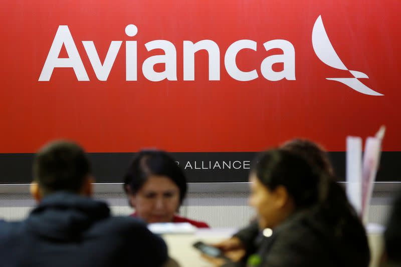 The logo of Avianca Airlines is pictured at a counter following the cancellation of an Avianca flight to San Salvador due to coronavirus fears in Mexico City