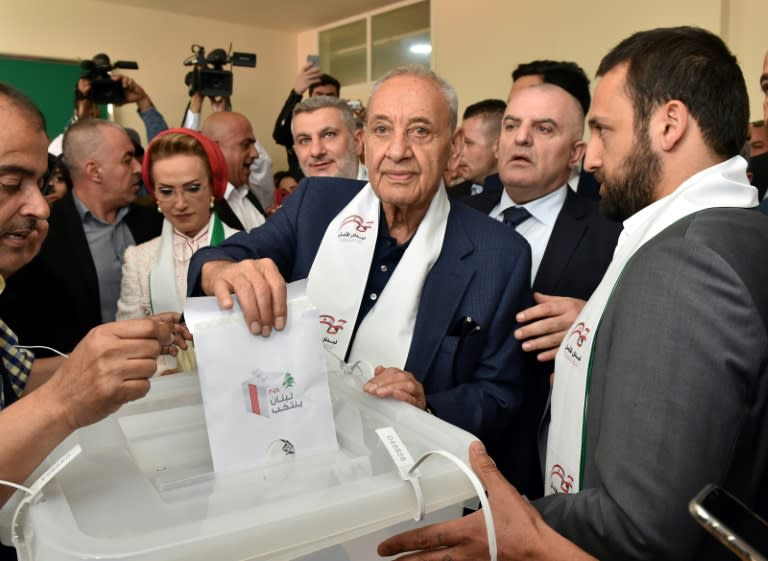 Lebanese parliament speaker Nabih Berri votes in the country's first legislative election in nine years in the southern Lebanese town of Tibnin on May 6, 2018