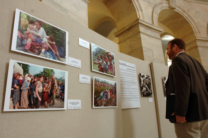 The photo exhibit "Srebrenica, remembrance for the future," is on display in the Russell Senate Office Building in Washington, D.C. on June 16, 2005. On July 11 1995, Bosnian Serbs claim the town of Srebrenica, Bosnia-Herzegovina, starting a genocide that would result in the deaths of more than 8,000 Muslim men and boys. UPI File Photo