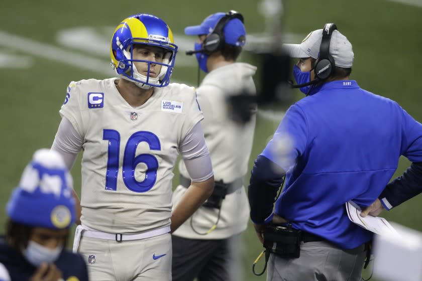 Los Angeles Rams quarterback Jared Goff (16) reacts on the sideline late in the second half.